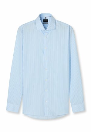 Hellblaue gestreifte Hemdbluse mit klassischem Kragen, langen Ärmeln und subtiler Textur. Verfügt über weiße Knöpfe und abgerundeten Saum.