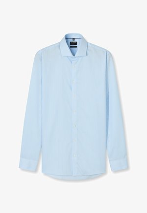 Hellblaue gestreifte Hemdbluse mit klassischem Kragen, langen Ärmeln und subtiler Textur. Verfügt über weiße Knöpfe und abgerundeten Saum.