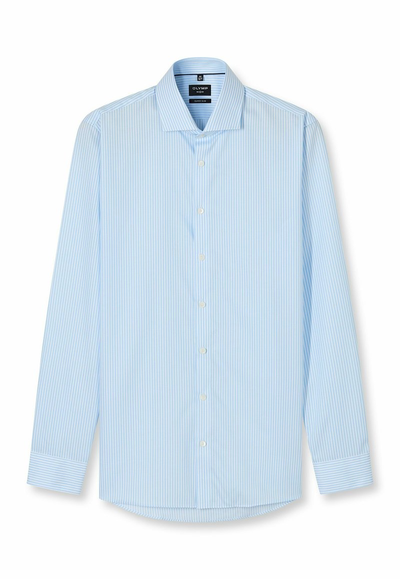Hellblaue gestreifte Hemdbluse mit klassischem Kragen, langen Ärmeln und subtiler Textur. Verfügt über weiße Knöpfe und abgerundeten Saum.