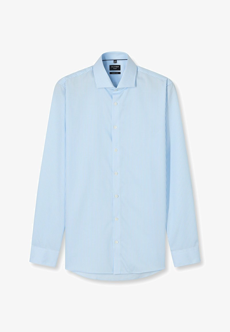 Hellblaue gestreifte Hemdbluse mit klassischem Kragen, langen Ärmeln und subtiler Textur. Verfügt über weiße Knöpfe und abgerundeten Saum.