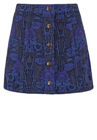 Blommönstrad kordskjol i mörkblått, prydd med violetta blommönster. Inkluderar en frontknäppning med runda metallknappar.