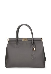 Borsa a mano in pelle grigia con un design strutturato, doppie maniglie superiori, accessori in oro e chiusura a scatto. Presenta una superficie texturizzata.