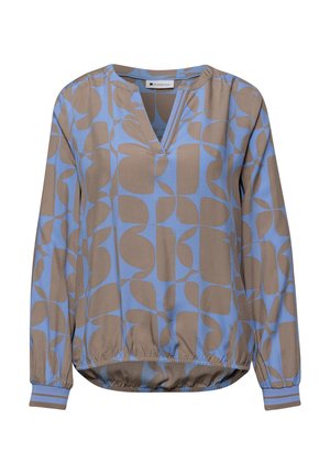 Blouse à manches longues avec motif géométrique bleu et taupe, col en V, poignets et ourlet élastiqués, en tissu léger.