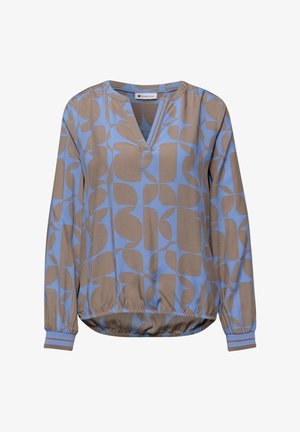 Langärmlige Bluse mit blauem und taupefarbenem geometrischem Muster, V-Ausschnitt, elastischen Bündchen und Saum, aus leichtem Stoff.