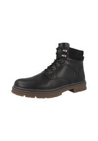 Bota de tobillo de cuero negro con ojales de metal, cierre con cordones y suela de goma texturizada. Presenta una suela y detalles de costura en contraste en marrón.