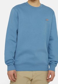 Blå crewneck sweatshirt gjord av mjukt tyg med ribbade muddar och nederkant. Har en liten logotyp på bröstet.