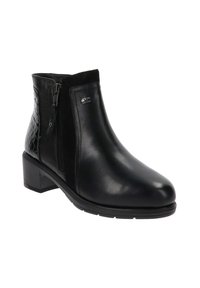 Botas de tobillo negras de cuero con un panel de tejido texturizado, cremallera lateral, puntera redondeada y un tacón bajo.