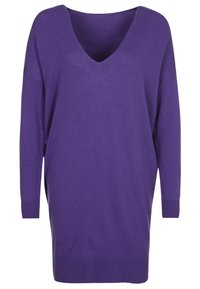 Fialový volný svetr s hlubokým výstřihem do V, dlouhými rukávy a hladkou texturou. Design zahrnuje volný střih a žebrovaný lem.