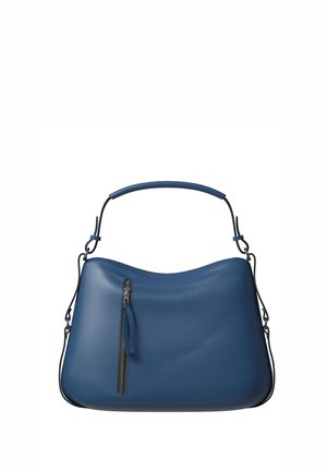 Blauer Lederhandtasche mit einem oberen Griff und abnehmbarem Schulterriemen, ausgestattet mit einer vertikalen Reißverschlusstasche vorne mit einem Zuglaschen.