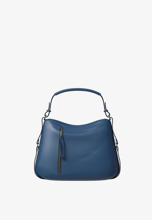 Blue leather handbag with a top handle and detachable shoulder strap, featuring a vertical front zipper pocket with a pull tab.
