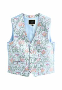 Blumenveste mit hellblauem Grund, aufwendigen rosa und grünen Mustern, zwei vorderen Taschen und einem V-Ausschnitt-Design. Markenlabel sichtbar.