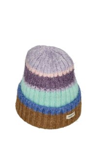 Knitted beanie featuring horizontal stripes in lavender, purple, blue, mint, and brown. Soft texture with a classic ribbed cuff.