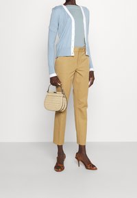 Ljusblå kardiagan med vit kant, grå topp, beige byxor, bruna klacksandaler och en liten beige handväska med krokodilprägling.