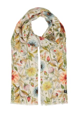Sciarpa beige chiaro con un motivo floreale colorato di vari fiori e foglie verdi, con sottili bordi sfrangiati.