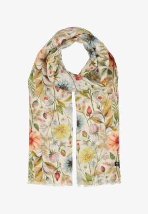 Világos bézs sál színes virágmintával, különféle virágokkal és zöld levelekkel, finom rojtos szegélyekkel.