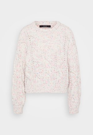 Chunky strikkegenser i lyse pastellfarger, med kabelmønster, ribbede mansjetter og en kort design med rund hals.