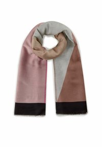 Textiel sjaal met geometrische patronen in tinten roze, grijs en bruin, met een zachte textuur en een gefranjerde zwarte zoom.