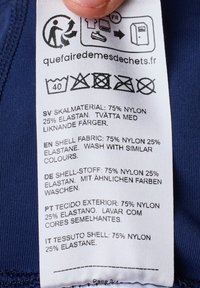 Etichetta di cura dei tessuti su un tessuto blu scuro, che dettagli materiali (75% nylon, 25% elastan) e istruzioni per il lavaggio in più lingue.