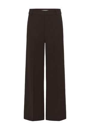 Juodos plačios kelnių kojų kelnės su diržo kilpelėmis ir priekyje esančia siūle, skirtos formalios arba verslo kasdienio stiliaus išvaizdai.