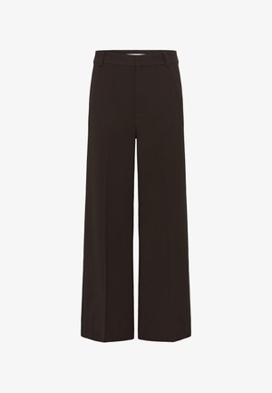 Juodos plačios kelnių kojų kelnės su diržo kilpelėmis ir priekyje esančia siūle, skirtos formalios arba verslo kasdienio stiliaus išvaizdai.