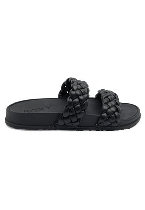 Zwarte slidesandalen met gevlochten banden, platte zool en textuur in de voetbed. Gemaakt van synthetisch materiaal, met een gladde afwerking.