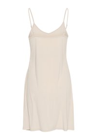 Abito slip beige chiaro con spalline sottili e regolabili, vestibilità rilassata, tessuto liscio e lunghezza al ginocchio. Senza motivi o hardware visibili.