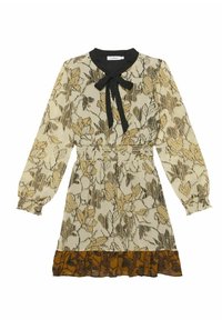 Langärmliges Blumenkleid mit beige- und braunfarbenen Mustern, gesmockter Taille, Rüschensaum und schwarzem Fliegekragen.