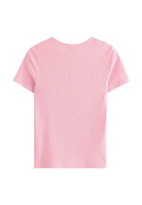 T-shirt a maniche corte rosa a coste con scollo rotondo e silhouette aderente, caratterizzata da una texture liscia e senza motivi o dettagli visibili.