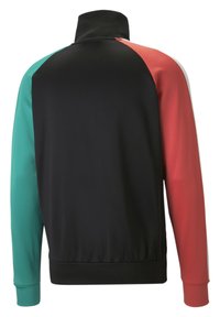 Svart träningsjacka med hög krage, med gröna, röda och vita accenter på ärmarna, tillverkad av ett slätt, elastiskt material.