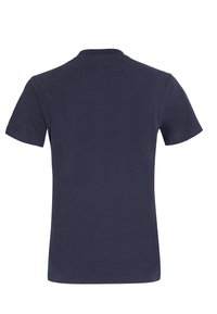 T-shirt en coton bleu marine, manches courtes, col rond classique, texture lisse, sans motifs ni accents visibles au dos.