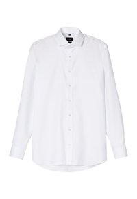 Camicia bianca a maniche lunghe in tessuto liscio, con colletto classico, chiusura frontale con bottoni e orli arrotondati. Design minimalista.