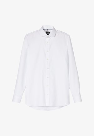 Weiße Langarmbluse aus glattem Stoff, mit klassischem Kragen, durchgehender Knopfleiste vorne und abgerundeten Säumen. Minimalistisches Design.