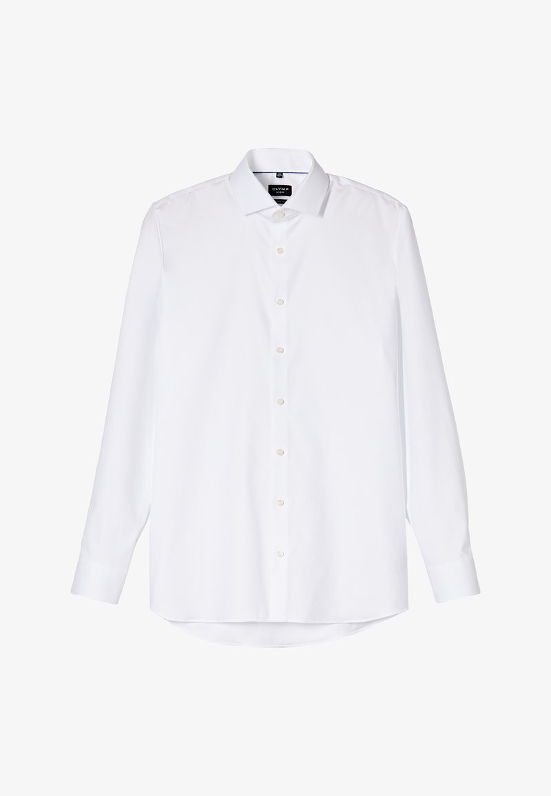 Camicia bianca a maniche lunghe in tessuto liscio, con colletto classico, chiusura frontale con bottoni e orli arrotondati. Design minimalista.