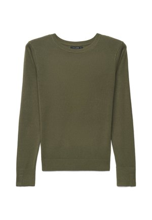 Maglione leggero verde oliva a maniche lunghe con polsini, orlo e scollo tondo a costine.