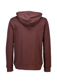 Bordeaux hoodie med en mjuk textur, med dragsko i huvan, långa ärmar och ribbad mudd och nederkant. Enkelt design, inga mönster eller accentfärger.