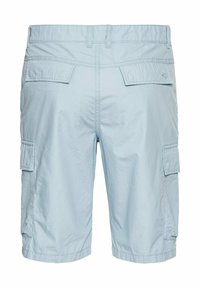 Lichtblauwe cargoshorts van lichtgewicht stof, met zijzakken, een vlakke voorkant en versterkingsstiksels op de tailleband.