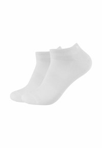 Hvide ankelstrømper lavet af tekstureret materiale, med en ribbet top og glat tå. Simpelt design uden mønstre eller accenter.