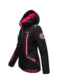 Black softshell jacket with pink inner lining, hood, zippered pockets, and pink accents on sleeves and chest.