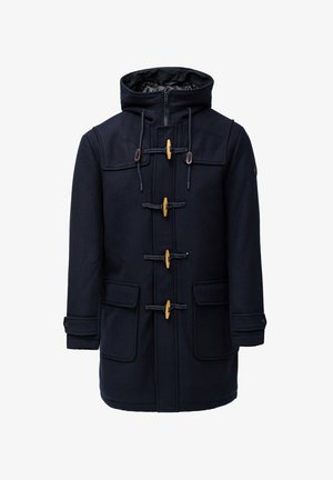 Abrigo de lana azul marino con capucha, con cierres de toggles de madera, dos bolsillos frontales y un forro acolchado.