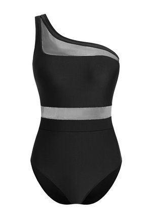 Jednokolorowy czarny kostium kąpielowy na jedno ramię z szarą siateczkową wstawką i poziomym szarym pasem w talii. Gładka faktura, dopasowany krój i minimalistyczny design.