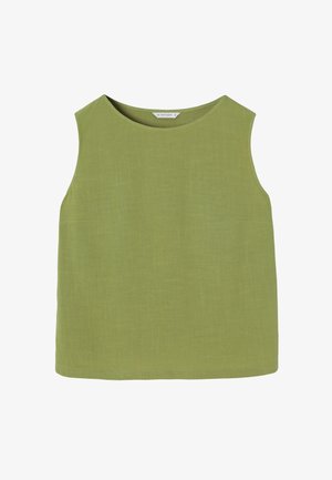 Bežė rankovių palaidinė alyvuogių žalia spalva, pagaminta iš tekstūruoto audinio. Turi plačią iškirptę ir laisvą siluetą, be jokių papildomų dekoracijų.