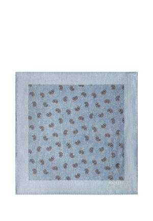 Pochette bleu clair avec petits motifs cachemire marron et une bordure bleu plus foncé, signée "Hackett" dans un coin.