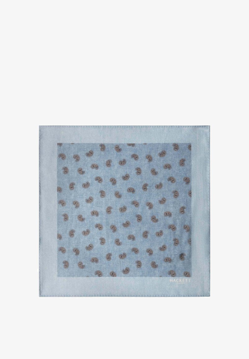 Pochette bleu clair avec petits motifs cachemire marron et une bordure bleu plus foncé, signée "Hackett" dans un coin.
