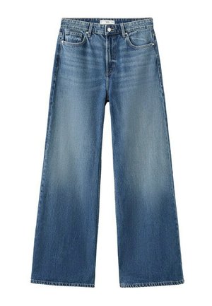 Niebieskie dżinsy z szerokimi nogawkami, pięcioma kieszeniami, zapinane na guziki i z pętlami na pasek.