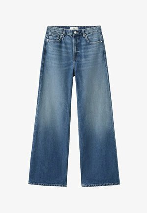 Blaue Jeans mit weitem Bein, fünf Taschen, Knopfverschluss und Gürtelschlaufen.