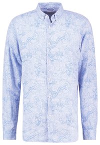 Jasnoniebieska koszula na guziki z wirującym wzorem fal, wykonana z bawełny o gładkiej fakturze i klasycznym kołnierzyku.