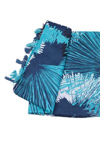 Sciarpa in blu brillante e turchese, con motivi astratti audaci, bordi frangiati e materiale in cotone morbido.