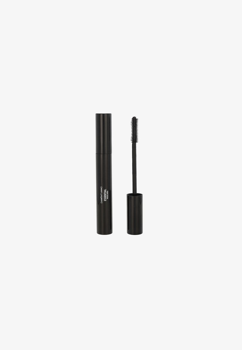 Black mascara tube with matte finish, cylindrical shape. Includes a bristle wand, also in black, placed in an upright position.