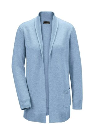 Lichtblauwe cardigan met een schouderkraag, open voorkant en geribde mouwen. Bevat twee voork pockets en heeft een zachte brei-textuur.