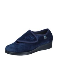 Navy blue suede slipper with a rounded toe, decorative flower embroidery, and a black wedge sole. Features a soft fabric lining.